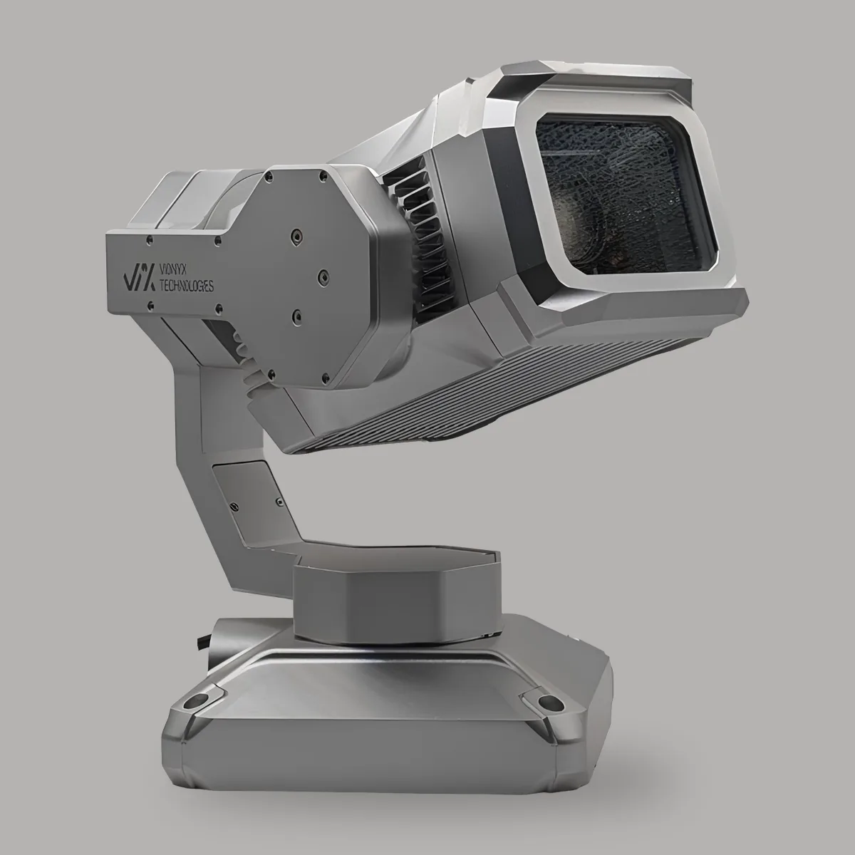 VION APEX, three-quarter view: zoom head with cooling fins on a three-axis gimbal, studio photo with marked parts